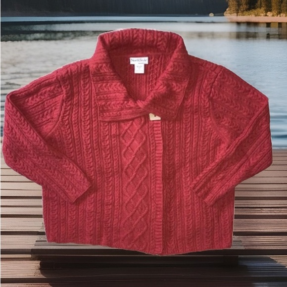 NorthStyle Red Boxy Chunky Cable Knit Sweater Women's Fisherman Lagenlook 1X - Picture 1 of 8